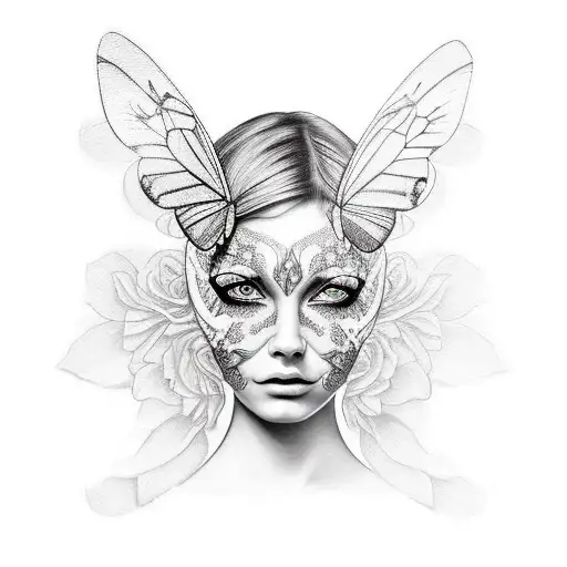 Realism "Butterfly Covering Half Of A Female Face" Tattoo Idea