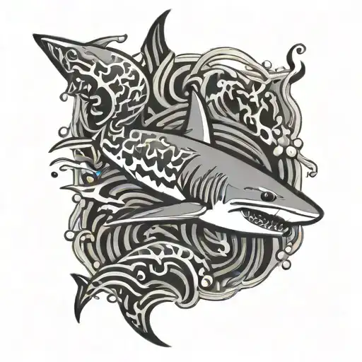 Intricate design of a bape camo shark swimming in black-grey water with a student swimmer in the background tattoo design idea