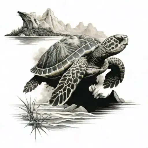 mountains, trees, ocean, sea turtle  tattoo design idea