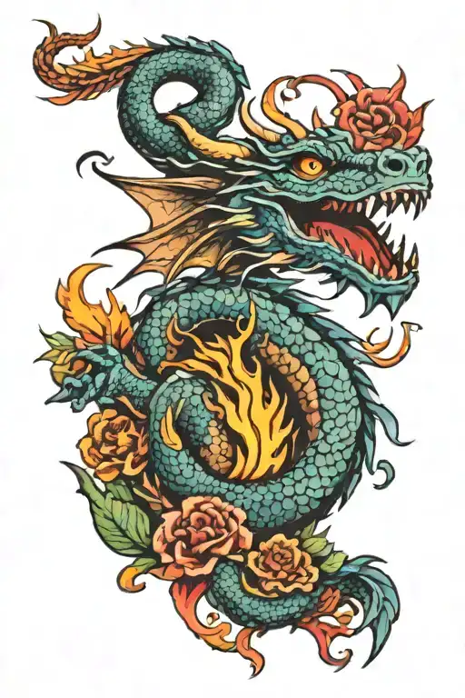 american traditional full fire breathing dragon with flowers and lots of color tattoo design idea