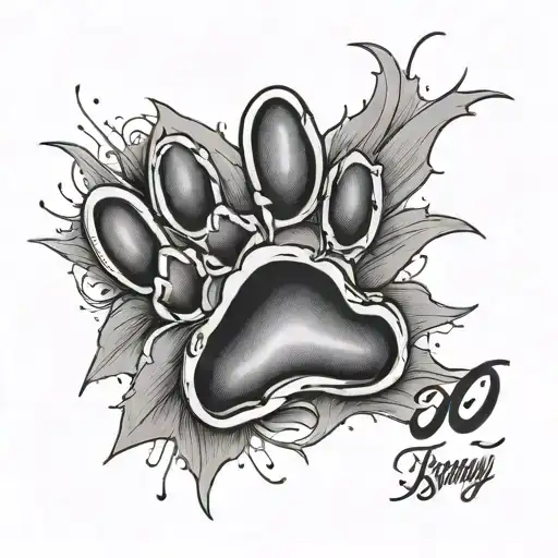dog paw print memorial piece featuring the name Scrappy tattoo design idea