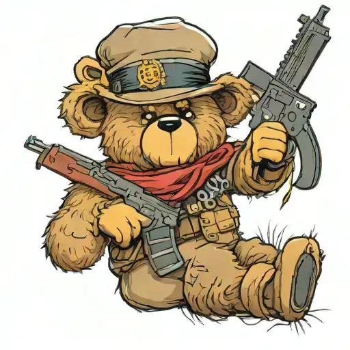 teddy bear with an evil and kind face in a fur hat and an AK-47 in his hands tattoo design idea