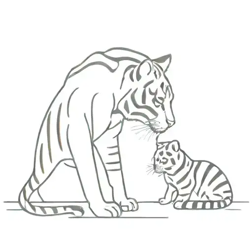a small striped tabby cat looking into a big mirror and seeing a tiger as his reflection tattoo design idea