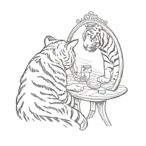 a small striped tabby cat looking into a big mirror and seeing a tiger as his reflection tattoo design idea