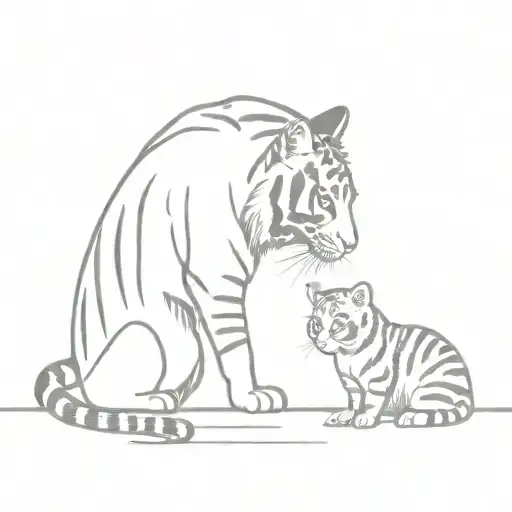 a small striped tabby cat looking into a big mirror and seeing a tiger as his reflection tattoo design idea