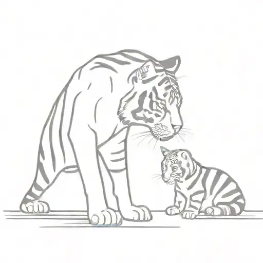 a small striped tabby cat looking into a big mirror and seeing a tiger as his reflection tattoo design idea