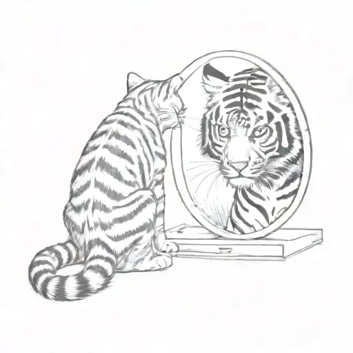 a small striped tabby cat looking into a big mirror and seeing a tiger as his reflection tattoo design idea