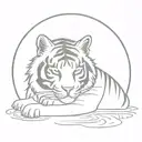 a small striped tabby cat looking into a big mirror and seeing a tiger as his reflection tattoo design idea