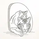 a small striped tabby cat looking into a big mirror and seeing a tiger as his reflection tattoo design idea