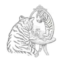 a small striped tabby cat looking into a big mirror and seeing a tiger as his reflection tattoo design idea