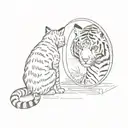 a small striped tabby cat looking into a big mirror and seeing a tiger as his reflection tattoo design idea