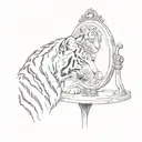 a small striped tabby cat looking into a big mirror and seeing a tiger as his reflection tattoo design idea