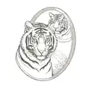 a small striped tabby cat looking into a big mirror and seeing a tiger as his reflection tattoo design idea