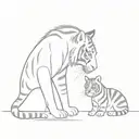 a small striped tabby cat looking into a big mirror and seeing a tiger as his reflection tattoo design idea