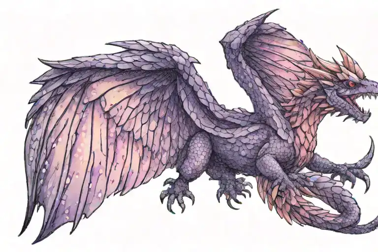 purple and pink sparkly glitter fullbody with wings baby wyvern tattoo design idea