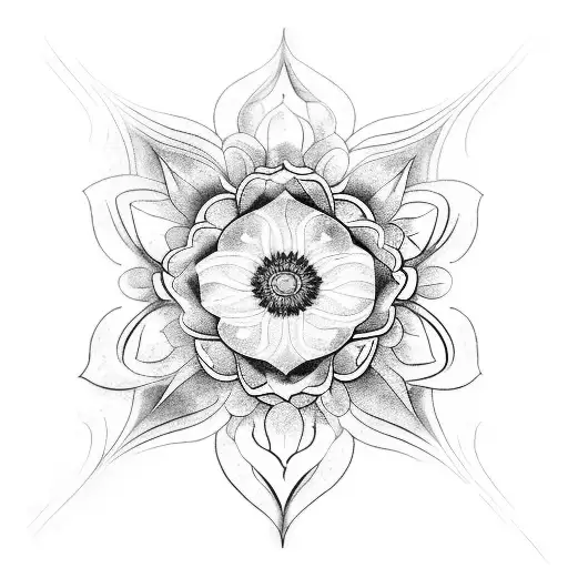 A cosmic-inspired tattoo design featuring violets and marigolds intertwined with water Lilly, incorporating elements of stems and leaves tattoo design idea