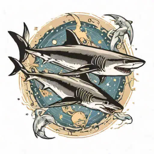 2 sharks circling in space, flying whales  tattoo design idea