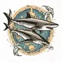 2 sharks circling in space, flying whales  tattoo design idea
