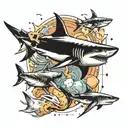 2 sharks circling in space, flying whales  tattoo design idea