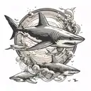 2 sharks circling in space, flying whales  tattoo design idea