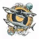 2 sharks circling in space, flying whales  tattoo design idea