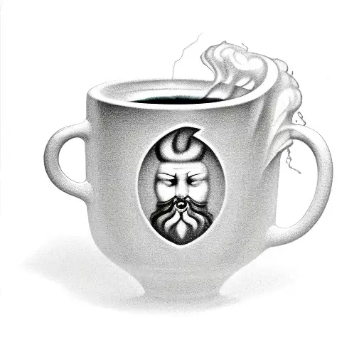 A realistic depiction of a coffee cup with steam forming the shape of Zeus holding a lightning bolt tattoo design idea