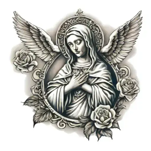 Virgin Mary holding rosary with doves in clouds and a rose tattoo design idea