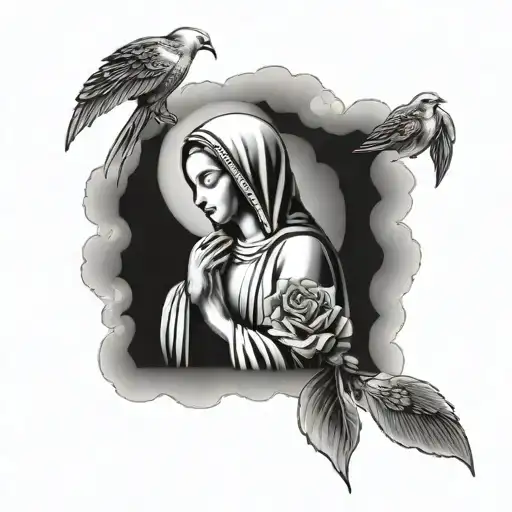Virgin Mary holding rosary with doves in clouds and a rose tattoo design idea