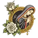 Virgin Mary praying hands holding rosary with doves in the back ground an a rose  tattoo design idea