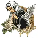 Virgin Mary praying hands holding rosary with doves in the back ground an a rose  tattoo design idea