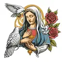 Virgin Mary praying hands holding rosary with doves in the back ground an a rose  tattoo design idea