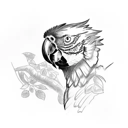 A sketch of a scarlet macaw perched on a jungle vine tattoo design idea