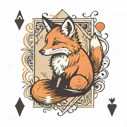 Small minimal fox sitting on a square background, accented by calligraphy brush strokes, with 4 large Aces playing cards tattoo design idea