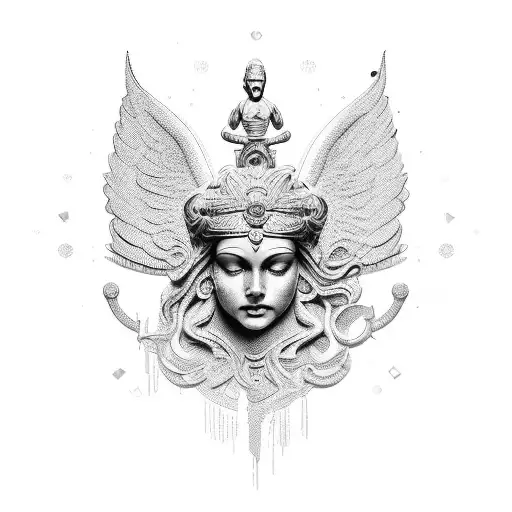 Place a stylized representation of Goddess Nike in the center of the design, as if floating in the air. It uses Ionic co tattoo design idea