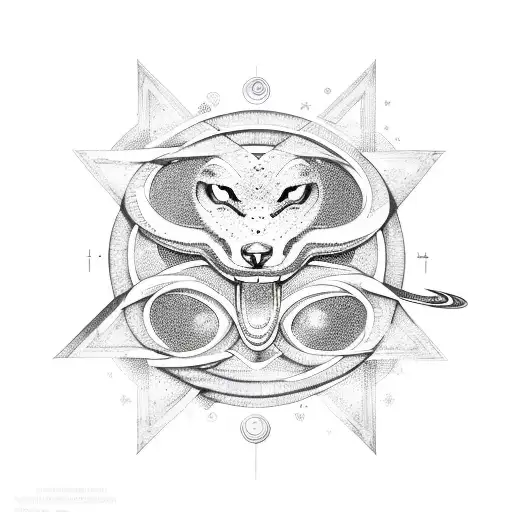 Astronomical symbols intertwined with snake and wolf silhouettes tattoo design idea