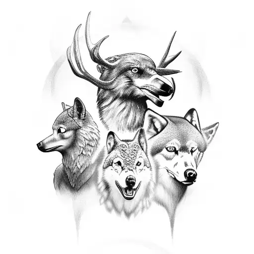celtic knot  of three ravens, two wolves, and a deer tattoo design idea