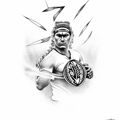 A Maori warrior holding a rugby ball with lightning bolts in the background tattoo design idea