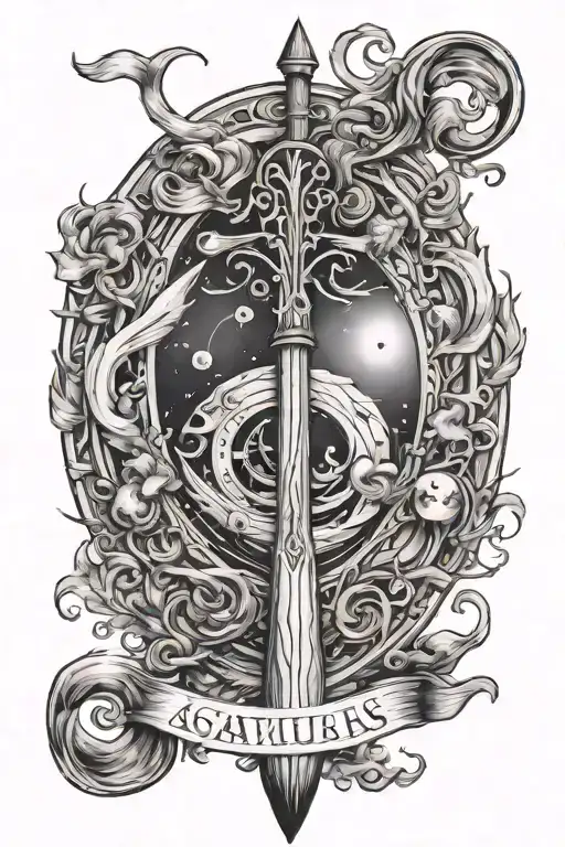 an oar (paddle) and inside the tip of oar, the Aquarius zodiac sign, with references to the sea tattoo design idea