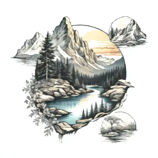 mountains, forest, river tattoo design idea