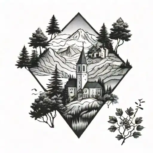 mountains, forest, river, church on top tattoo design idea