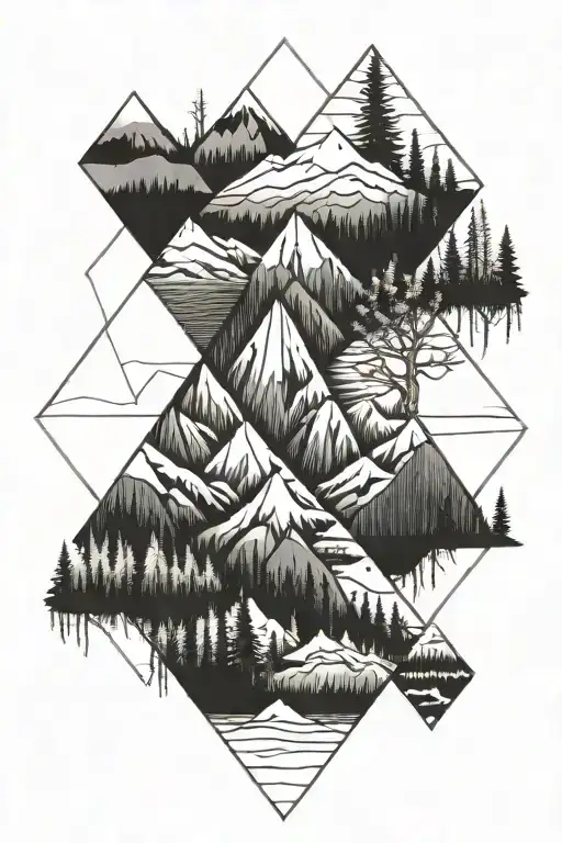 Mountains, lines, forest tattoo design idea