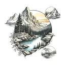 mountains, forest, river tattoo design idea