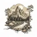 mountains, forest, river tattoo design idea