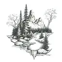 mountains, forest, river tattoo design idea