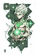 Fuse anime character dr. stone with scientific symbols and motifs tattoo design idea
