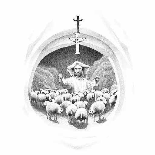 Shepherd leading a flock of sheep through a medieval church doorway tattoo design idea