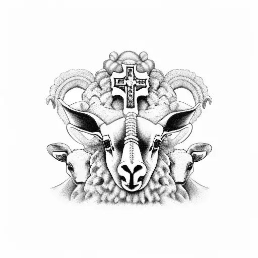 Medieval church with a cross made of sheep and lambs tattoo design idea