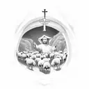 Shepherd leading a flock of sheep through a medieval church doorway tattoo design idea