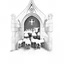 Shepherd leading a flock of sheep through a medieval church doorway tattoo design idea