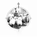 Shepherd leading a flock of sheep through a medieval church doorway tattoo design idea